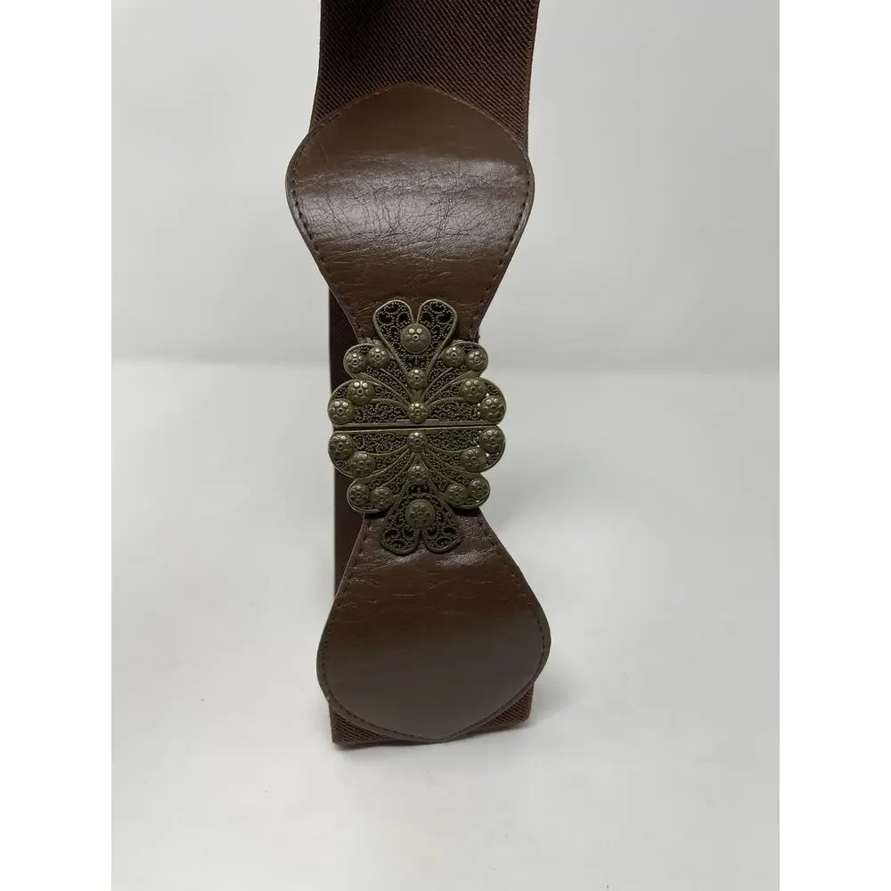 Women's Small Wide Stretch Belt‎ Boho Style Bronz Metal Leaf Clasp